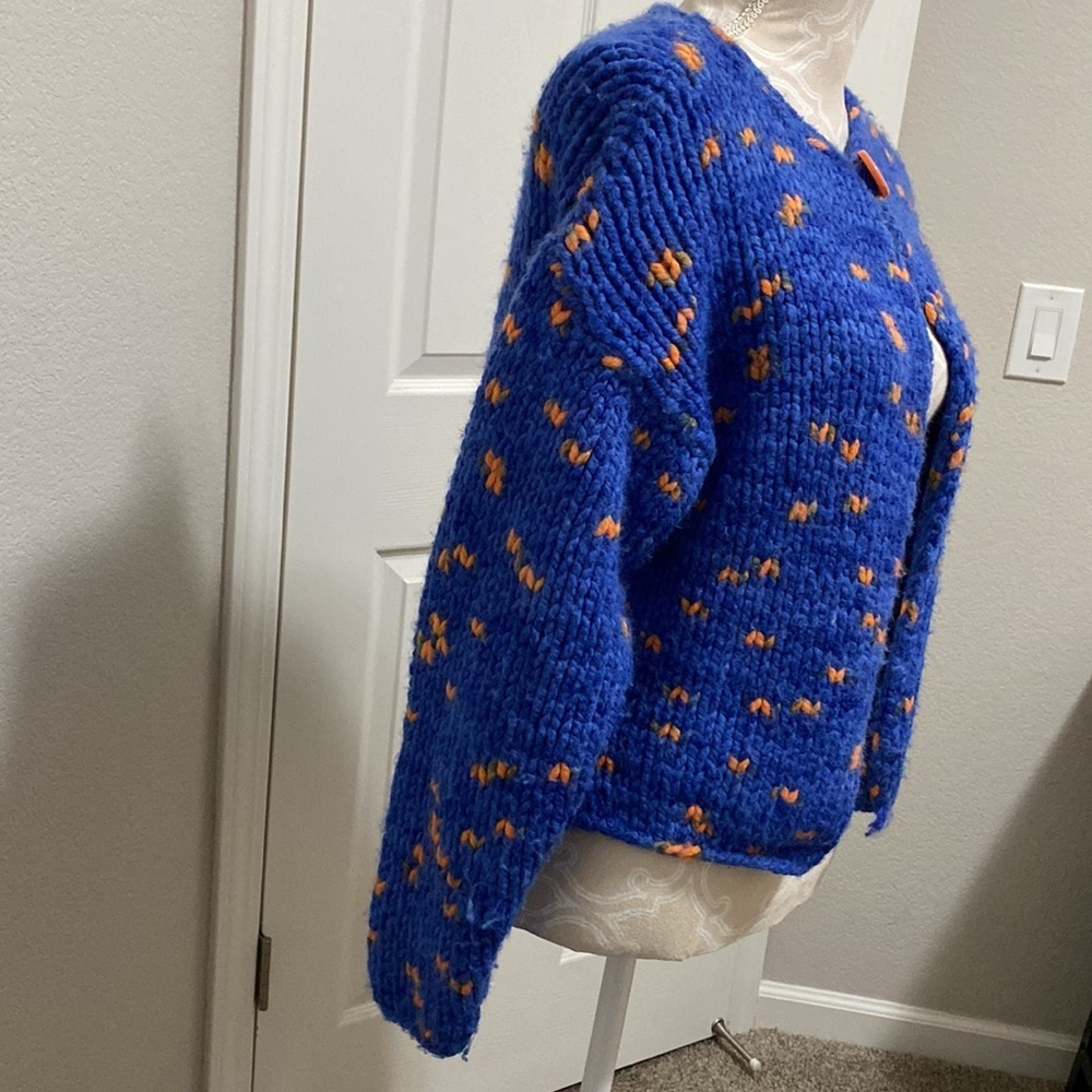 Hand crocheted knitted blue orange open wool thick cardigan Small Blue Orange - Picture 4 of 11